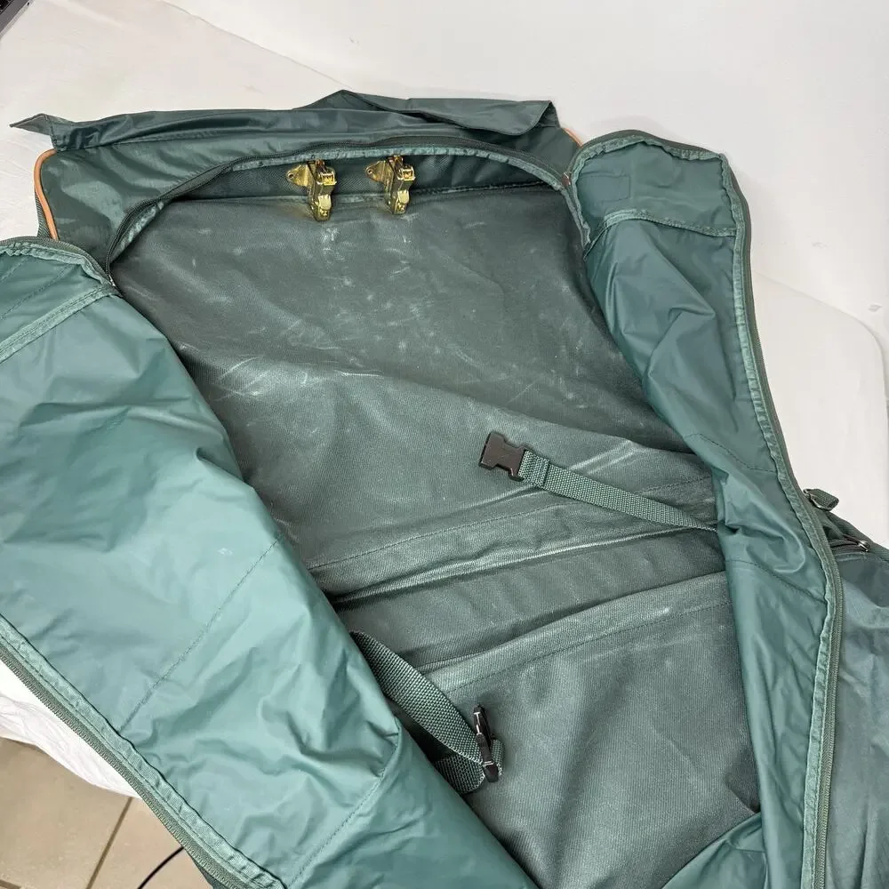 Eddie Bauer Garment Bag Green Nylon Leather Trim Travel Suit Carrier Luggage